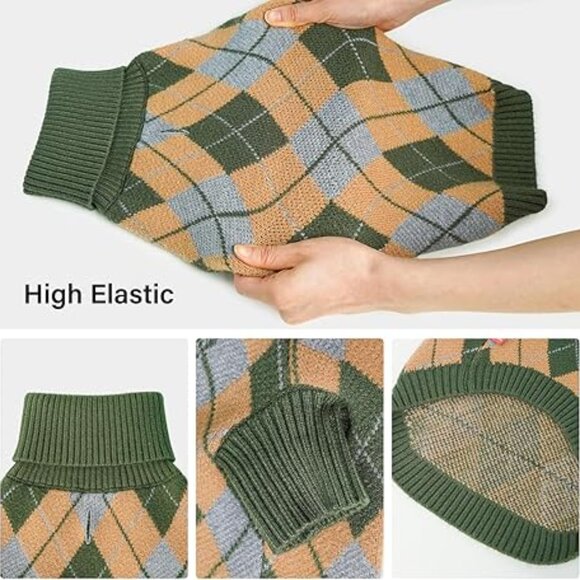 Dog Sweater Argyle Diamond Plaid Turtleneck Green Blue Tan Small Dogs 13 x 8 in - Picture 7 of 13